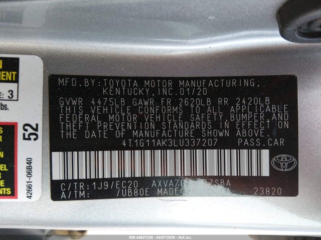 4T1G11AK3LU337207 Toyota Camry Se Nightshade Edition
