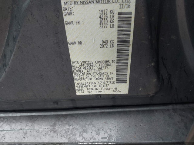 2017 Nissan Altima 2.5 Sr მანქანა იყიდება აუქციონზე, vin: 1N4AL3AP9HN324738, აუქციონის ნომერი: 44807241