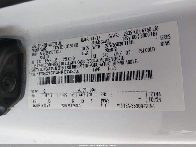 44807246 :رقم المزاد ، 1FTEX1CP4HKC74253 vin ، 2017 Ford F-150 Xl مزاد بيع