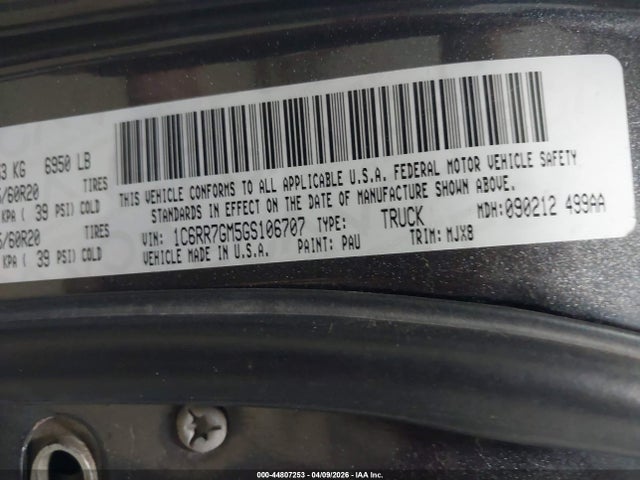 Aukcja sprzedaży 2016 Ram 1500 Big Horn, vin: 1C6RR7GM5GS106707, numer aukcji: 44807253