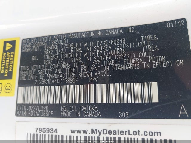 44807275 :رقم المزاد ، 2T2BK1BA4CC138967 vin ، 2012 Lexus Rx 350 مزاد بيع