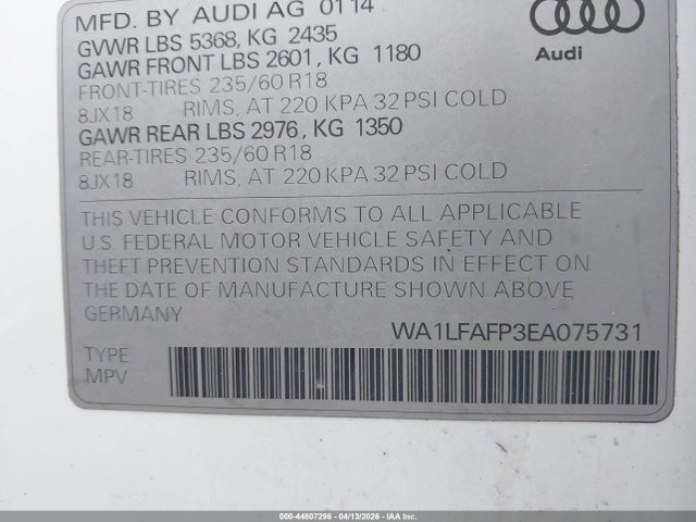 Продаж на аукціоні авто 2014 Audi Q5 2.0t Premium, vin: WA1LFAFP3EA075731, номер лоту: 44807298
