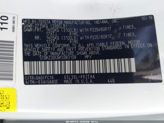 5TDKZ3DC6KS983108 Toyota Sienna Le 8 Passenger