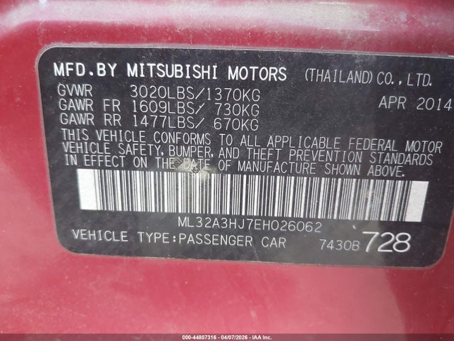 Aukcja sprzedaży 2014 Mitsubishi Mirage De, vin: ML32A3HJ7EH026062, numer aukcji: 44807316