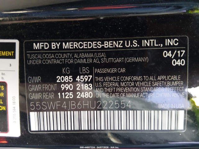 Продажа на аукционе авто 2017 Mercedes-benz C 300, vin: 55SWF4JB6HU222554, номер лота: 44807324