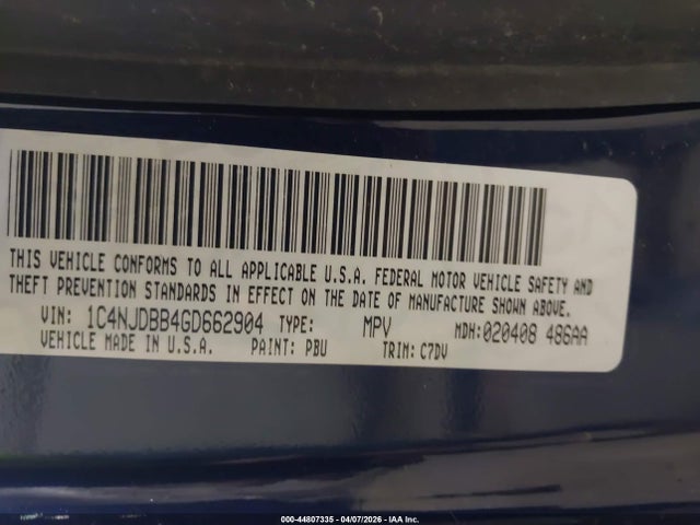 44807335 :رقم المزاد ، 1C4NJDBB4GD662904 vin ، 2016 Jeep Compass Sport مزاد بيع