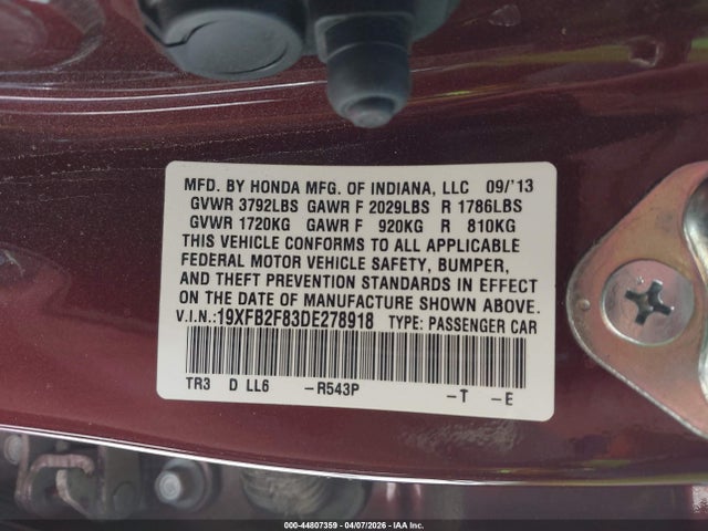 Aukcja sprzedaży 2013 Honda Civic Ex, vin: 19XFB2F83DE278918, numer aukcji: 44807359