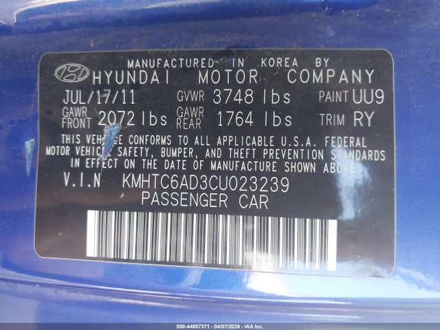 2012 Hyundai Veloster Base W/gray მანქანა იყიდება აუქციონზე, vin: KMHTC6AD3CU023239, აუქციონის ნომერი: 44807371