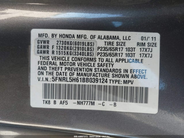 Aukcja sprzedaży 2011 Honda Odyssey Ex-l, vin: 5FNRL5H61BB039124, numer aukcji: 44807372