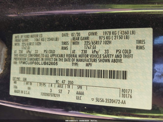 Aukcja sprzedaży 2020 Ford Escape S, vin: 1FMCU0F60LUB62605, numer aukcji: 44807373