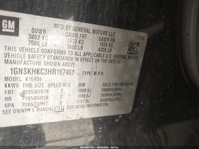 44807374 :رقم المزاد ، 1GNSKHKC3HR167461 vin ، 2017 Chevrolet Suburban Lt مزاد بيع