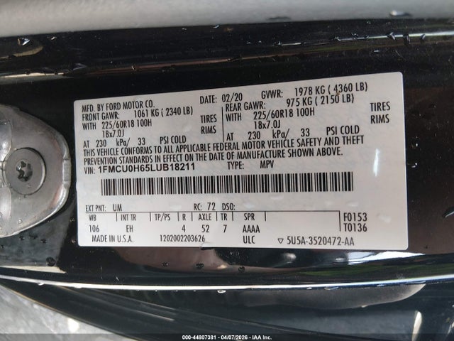 44807381 :رقم المزاد ، 1FMCU0H65LUB18211 vin ، 2020 Ford Escape Sel مزاد بيع