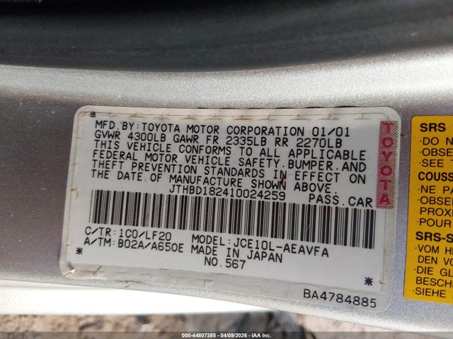 44807385 :رقم المزاد ، JTHBD182410024259 vin ، 2001 Lexus Is 300 مزاد بيع