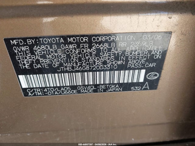 2007 Lexus Es 350 მანქანა იყიდება აუქციონზე, vin: JTHBJ46G872003310, აუქციონის ნომერი: 44807397