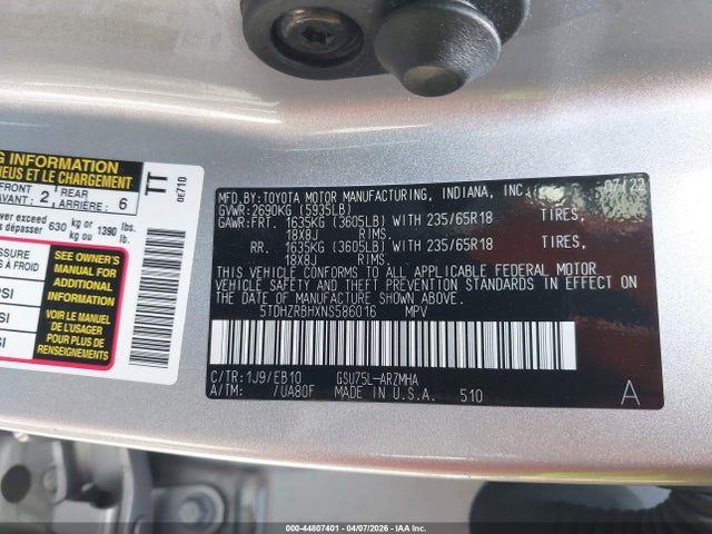 5TDHZRBHXNS586016 Toyota Highlander Xle