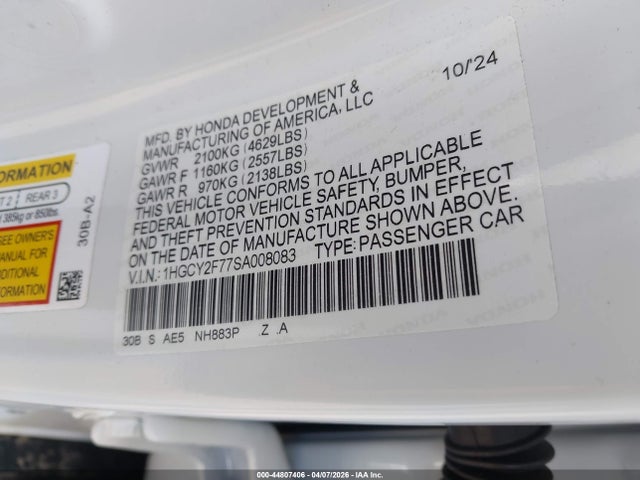 2025 Honda Accord Hybrid Sport-l მანქანა იყიდება აუქციონზე, vin: 1HGCY2F77SA008083, აუქციონის ნომერი: 44807406