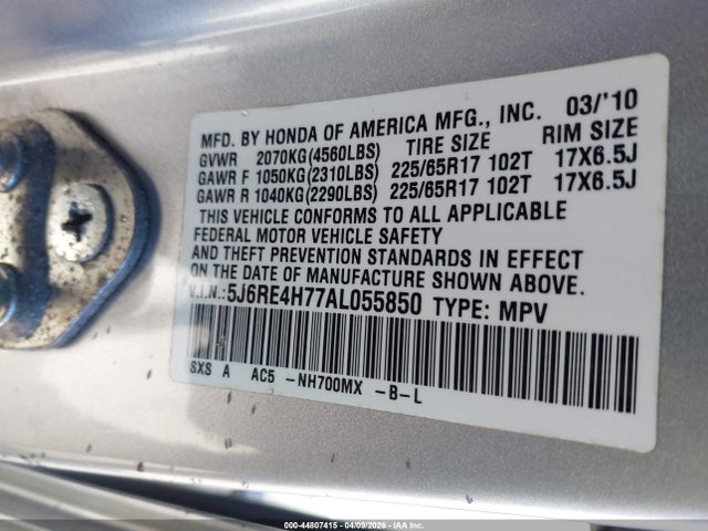 2010 Honda Cr-v Ex-l მანქანა იყიდება აუქციონზე, vin: 5J6RE4H77AL055850, აუქციონის ნომერი: 44807415