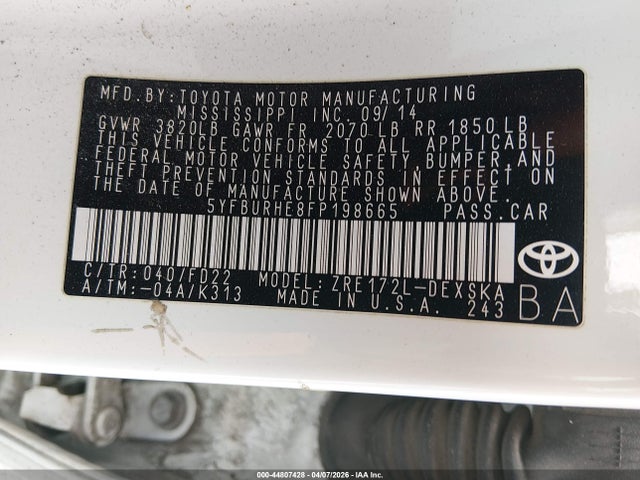 5YFBURHE8FP198665 Toyota Corolla S Plus