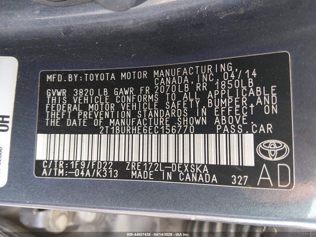 44807435 :رقم المزاد ، 2T1BURHE6EC156770 vin ، 2014 Toyota Corolla S Plus مزاد بيع