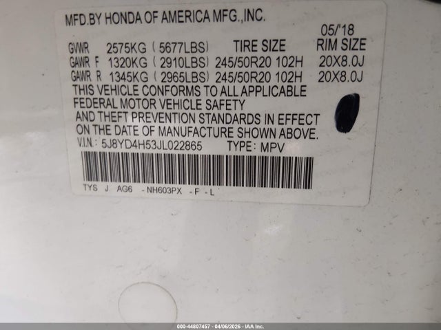 44807457 :رقم المزاد ، 5J8YD4H53JL022865 vin ، 2018 Acura Mdx Technology Package   Acurawatch Plus Pkg مزاد بيع