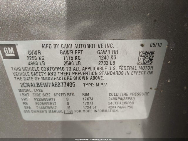 Aukcja sprzedaży 2010 Chevrolet Equinox Ls, vin: 2CNALBEW7A6377496, numer aukcji: 44807461