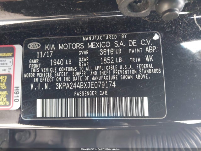 3KPA24ABXJE079174 KIA RIO S