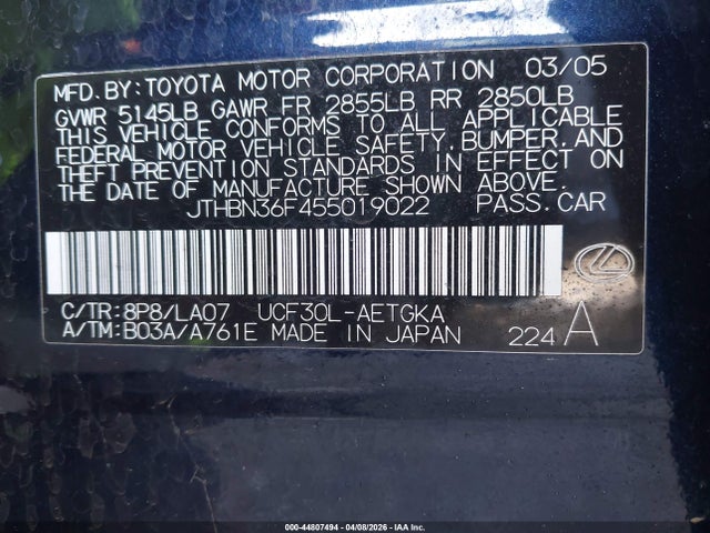 2005 LEXUS LS 430 JTHBN36F455019022 Photo 8