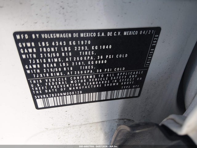 2022 Volkswagen Taos 1.5t Se მანქანა იყიდება აუქციონზე, vin: 3VVRX7B29NM008128, აუქციონის ნომერი: 44807504