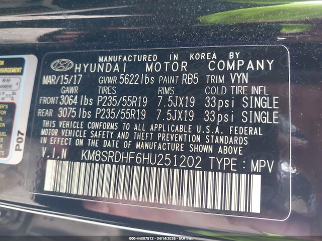 Aukcja sprzedaży 2017 Hyundai Santa Fe Limited Ultimate, vin: KM8SRDHF6HU251202, numer aukcji: 44807512