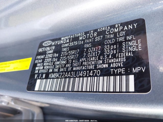 Aukcja sprzedaży 2020 Hyundai Kona Sel, vin: KM8K22AA3LU491470, numer aukcji: 44807520