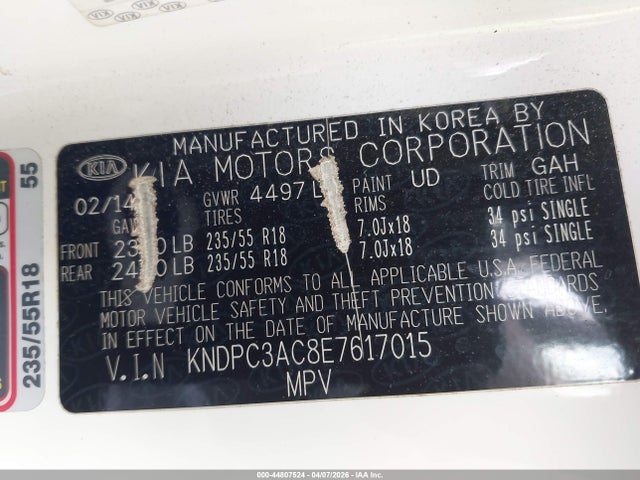 44807524 :رقم المزاد ، KNDPC3AC8E7617015 vin ، 2014 Kia Sportage Ex مزاد بيع