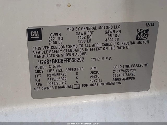 Aukcja sprzedaży 2015 Gmc Yukon Slt, vin: 1GKS1BKC8FR558292, numer aukcji: 44807526