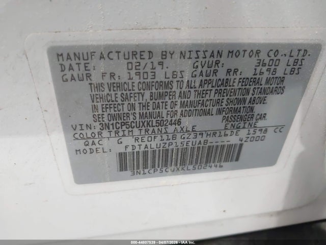 Aukcja sprzedaży 2019 Nissan Kicks Sr, vin: 3N1CP5CUXKL502446, numer aukcji: 44807539