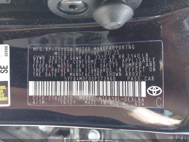 2025 Toyota Corolla Le მანქანა იყიდება აუქციონზე, vin: 5YFB4MDE0SP272860, აუქციონის ნომერი: 44807538