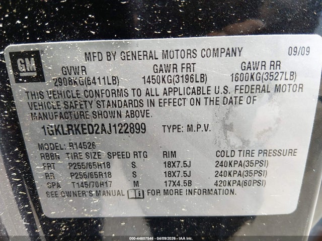 2010 Gmc Acadia Sl მანქანა იყიდება აუქციონზე, vin: 1GKLRKED2AJ122899, აუქციონის ნომერი: 44807546