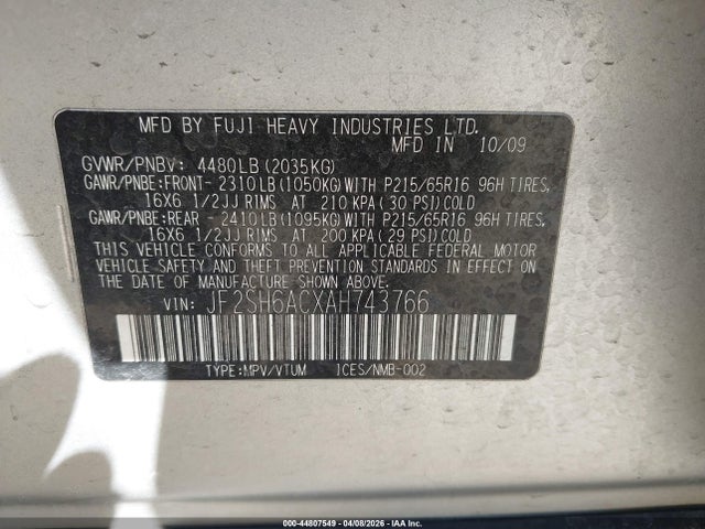 44807549 :رقم المزاد ، JF2SH6ACXAH743766 vin ، 2010 Subaru Forester 2.5x مزاد بيع