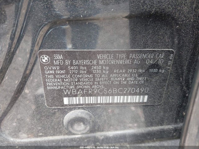 2011 BMW 550I WBAFR9C56BC270490 Photo 8