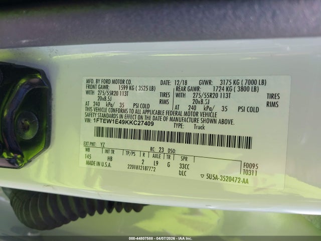 44807588 :رقم المزاد ، 1FTEW1E49KKC27409 vin ، 2019 Ford F-150 Lariat مزاد بيع