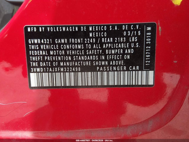 44807601 :رقم المزاد ، 3VWD17AJXFM322498 vin ، 2015 Volkswagen Jetta 1.8t Se مزاد بيع