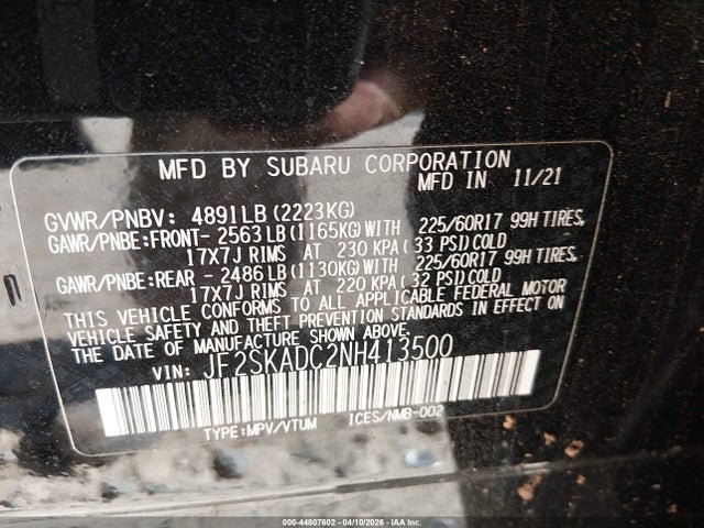 Aukcja sprzedaży 2022 Subaru Forester Premium, vin: JF2SKADC2NH413500, numer aukcji: 44807602