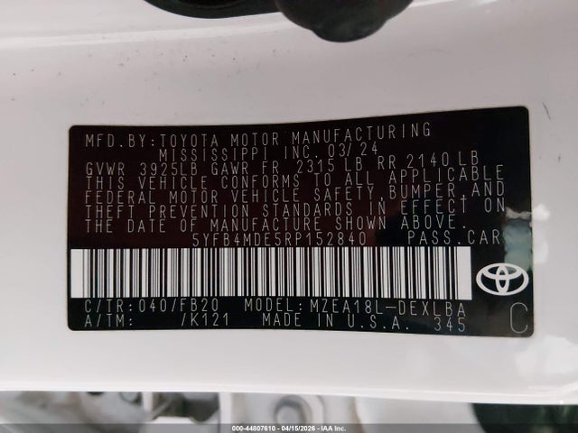 Aukcja sprzedaży 2024 Toyota Corolla Le, vin: 5YFB4MDE5RP152840, numer aukcji: 44807610