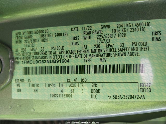 Продажа на аукционе авто 2022 Ford Escape Se, vin: 1FMCU9G63NUB91604, номер лота: 44807614