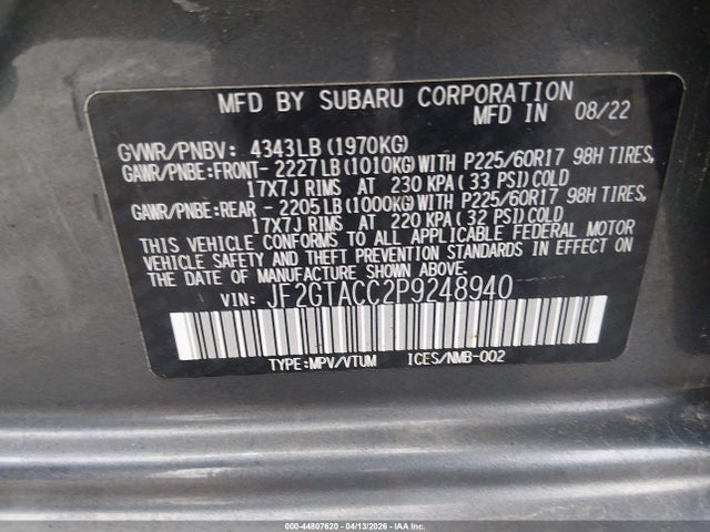 44807620 :رقم المزاد ، JF2GTACC2P9248940 vin ، 2023 Subaru Crosstrek Premium مزاد بيع