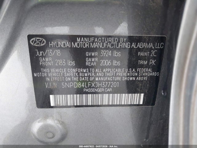 Aukcja sprzedaży 2018 Hyundai Elantra Sel, vin: 5NPD84LFXJH377201, numer aukcji: 44807622