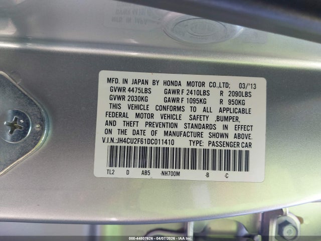 44807626 :رقم المزاد ، JH4CU2F61DC011410 vin ، 2013 Acura Tsx 2.4 مزاد بيع