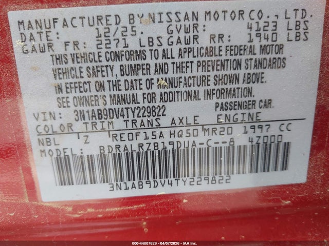 Продажа на аукционе авто 2026 Nissan Sentra Sr, vin: 3N1AB9DV4TY229822, номер лота: 44807629