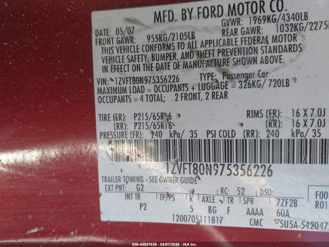 2007 FORD MUSTANG 1ZVFT80N975356226 Photo 8