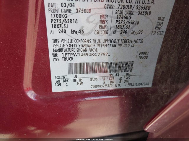 2004 Ford F-150 Fx4/lariat/xlt მანქანა იყიდება აუქციონზე, vin: 1FTPW14594KC77975, აუქციონის ნომერი: 44807638
