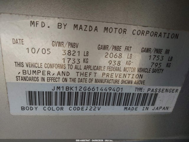 2006 Mazda Mazda3 I მანქანა იყიდება აუქციონზე, vin: JM1BK12G661449401, აუქციონის ნომერი: 44807647
