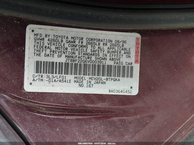 44807654 :رقم المزاد ، JT8BF22G6V0003911 vin ، 1997 Lexus Es 300 مزاد بيع